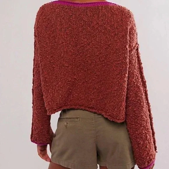 Free People Rosie Sweater Chutney Chunky Crop Pullover Drop Shoulder L - Picture 3 of 8